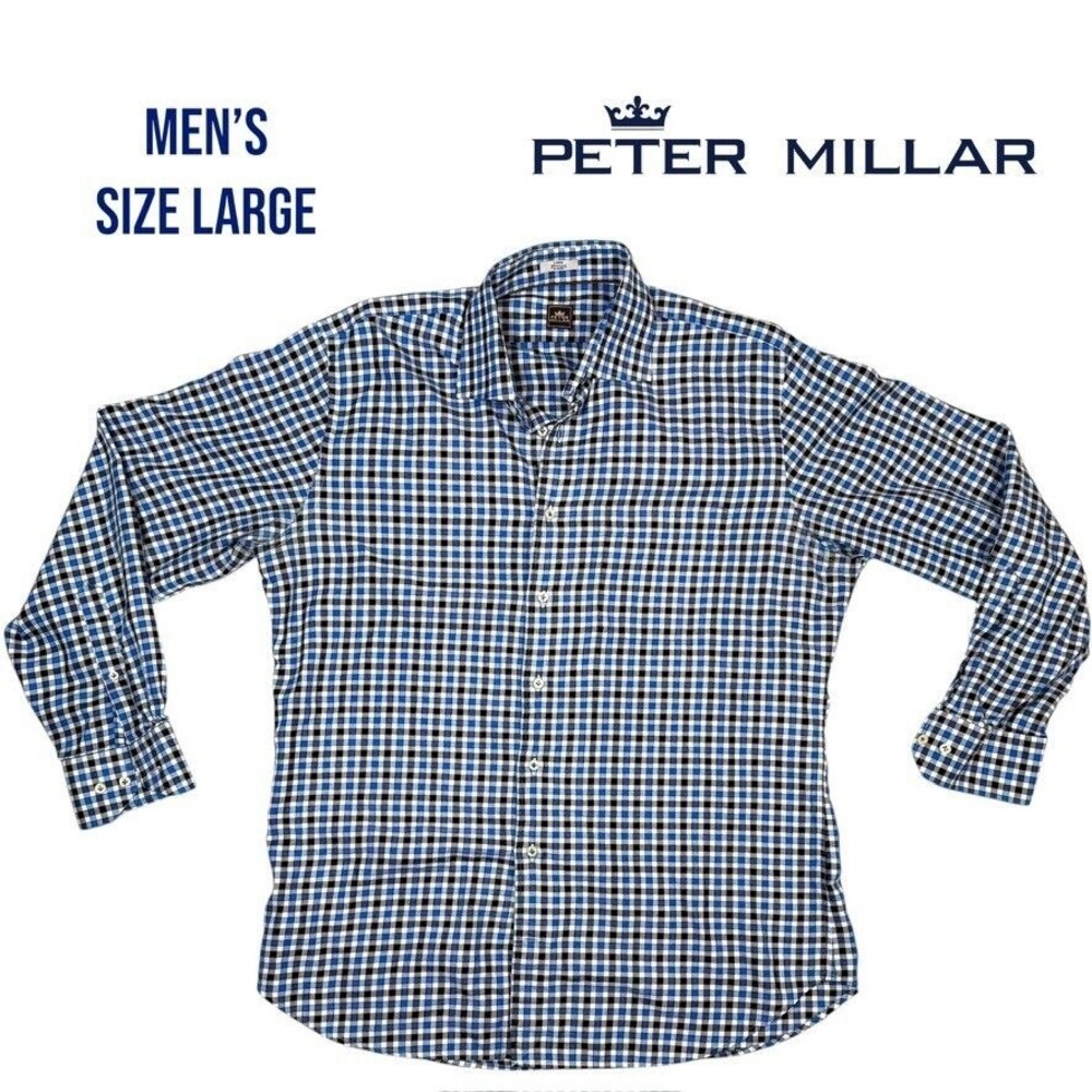Peter‎ Millar Sport Shirt Men's Large Blue White Check Button Down Cotton Golf
